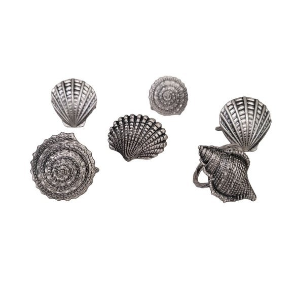 Vintage Beaulieu Vineyard BV Pewter Metal Napkin Rings sea shells, Set of 6 - Picture 1 of 13